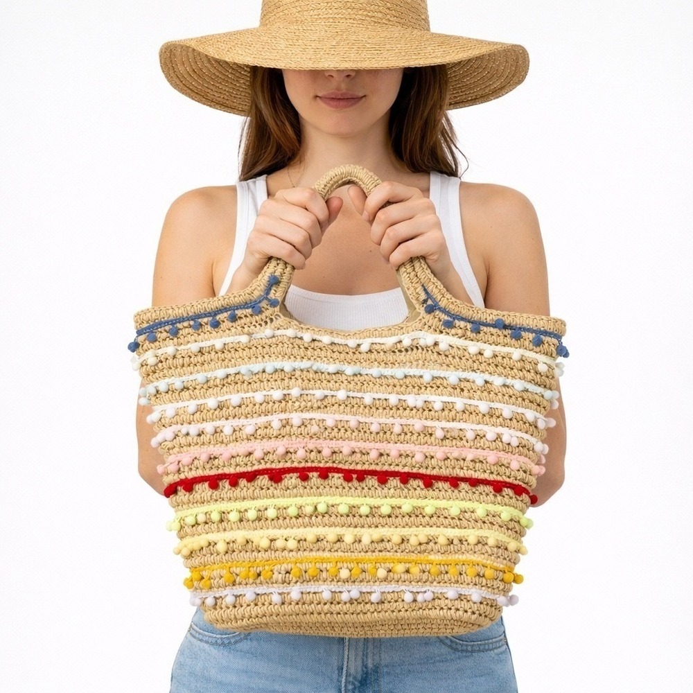 Bay Sky Rainbow Pom‎ Pom Straw Tote Beach Bag Boho Summer Woven Handbag - Picture 2 of 12